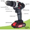 Cordless Drill Driver Kit with 2 battery, 21V Power Drill 50Nm 25+3 Clutch, 3/8" Keyless Chuck, Variable Speed & Built-in LED Electric Screw Driver for Drilling Wall, Bricks, Wood, Metal